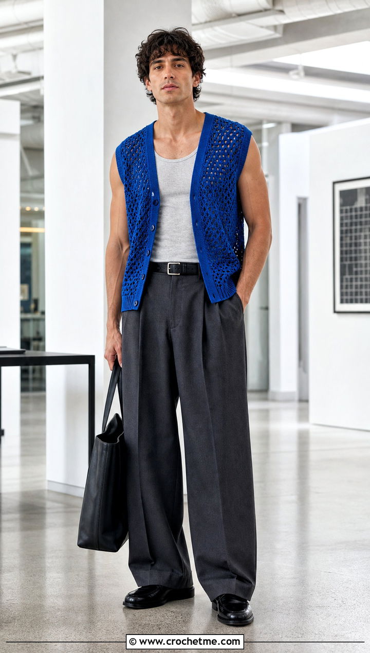 Open Stitch Crochet Vest With Wide Leg Trousers - 30 men's crochet vest outfit ideas
