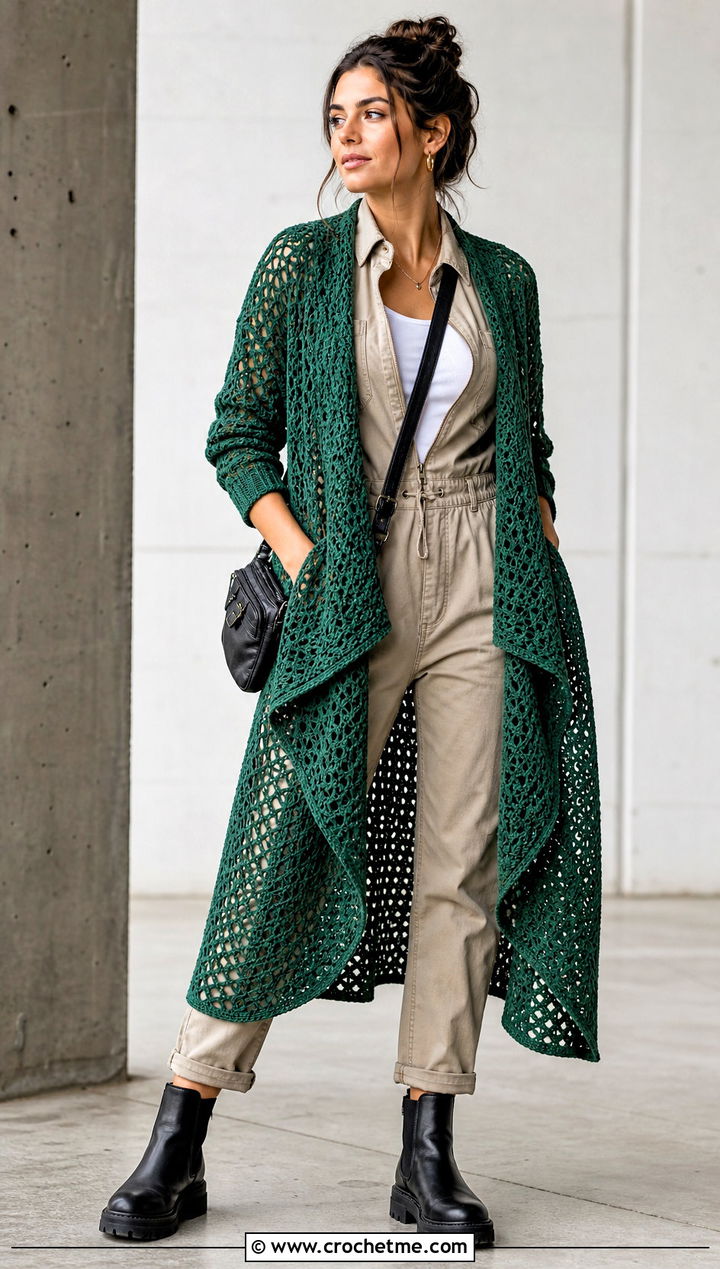 Open Stitch Crochet Waterfall Cardigan With Utility Jumpsuit - 25 crochet waterfall cardigan outfit ideas