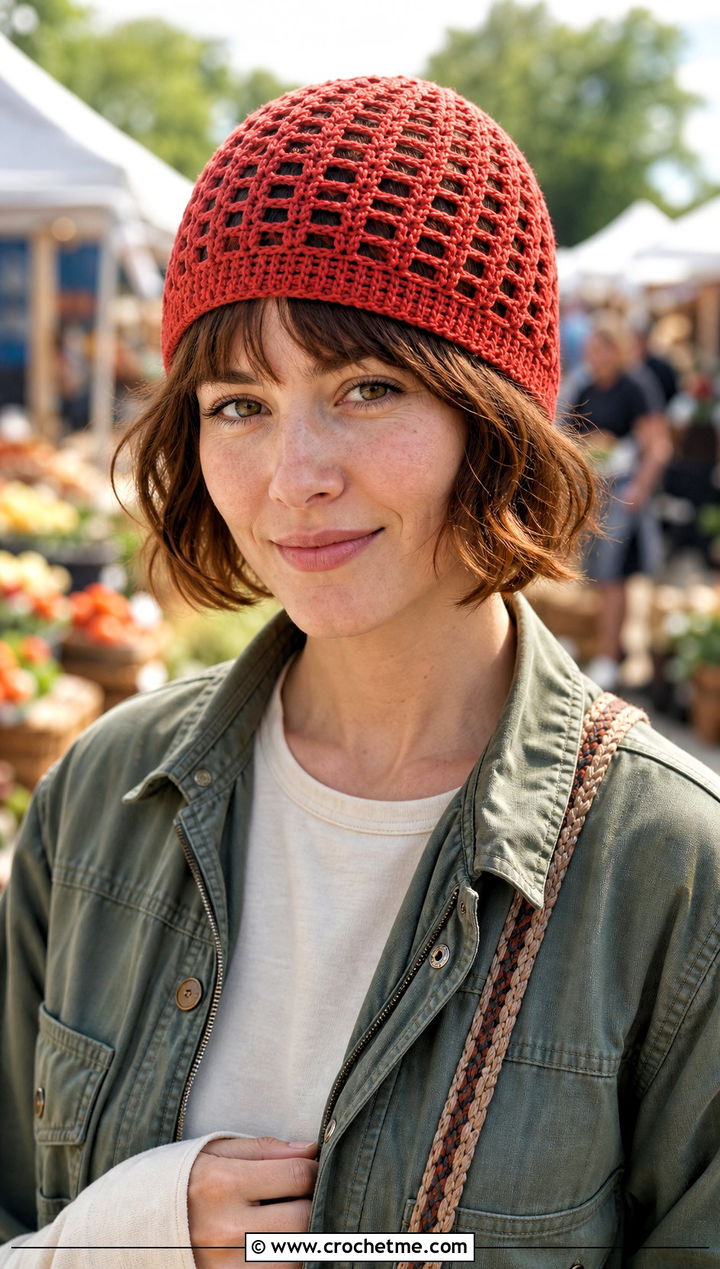 Open Stitch Crocheted Stocking Cap With Utility Jacket - 15 Crocheted Stocking Cap outfit ideas