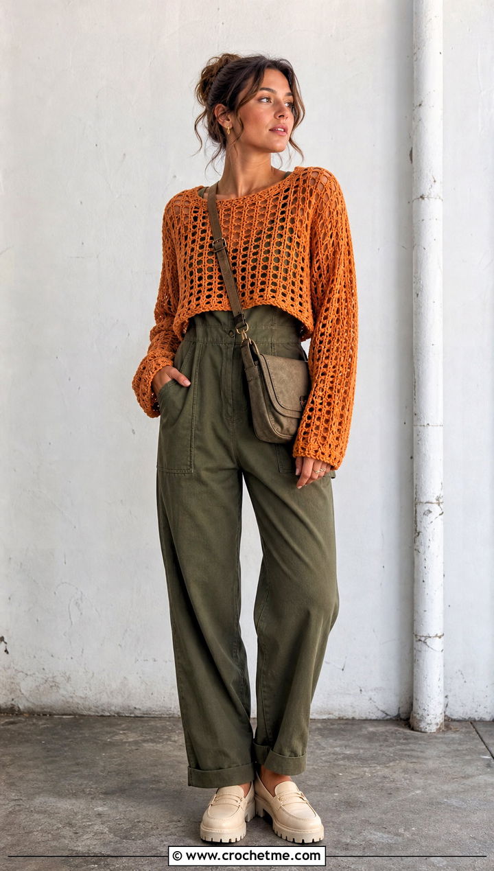Open Stitch Cropped Sweater With Utility Jumpsuit - 30 crocheted cropped sweater outfit ideas