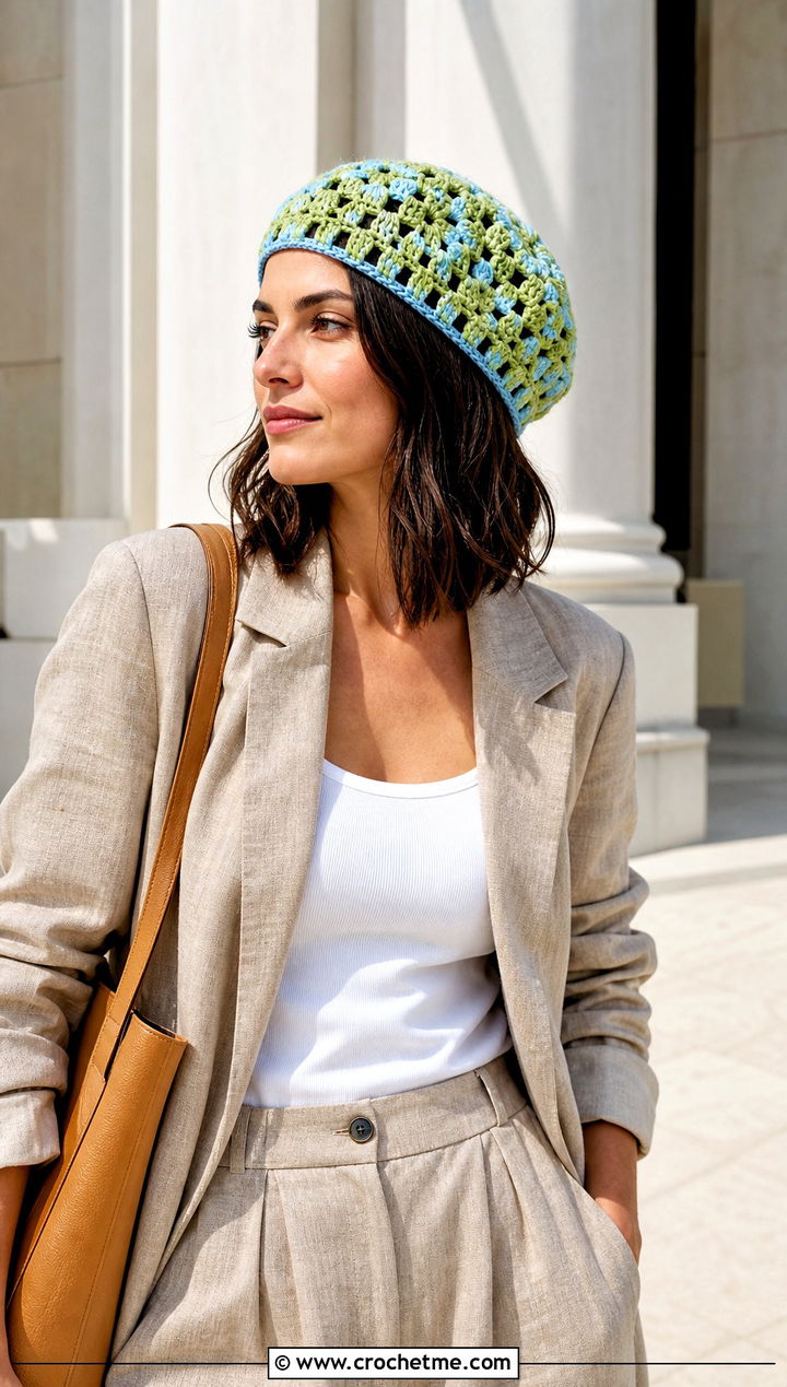 Open Stitch Granny Square Beret With Linen Suit - 25 Granny Square Beret outfit ideas
