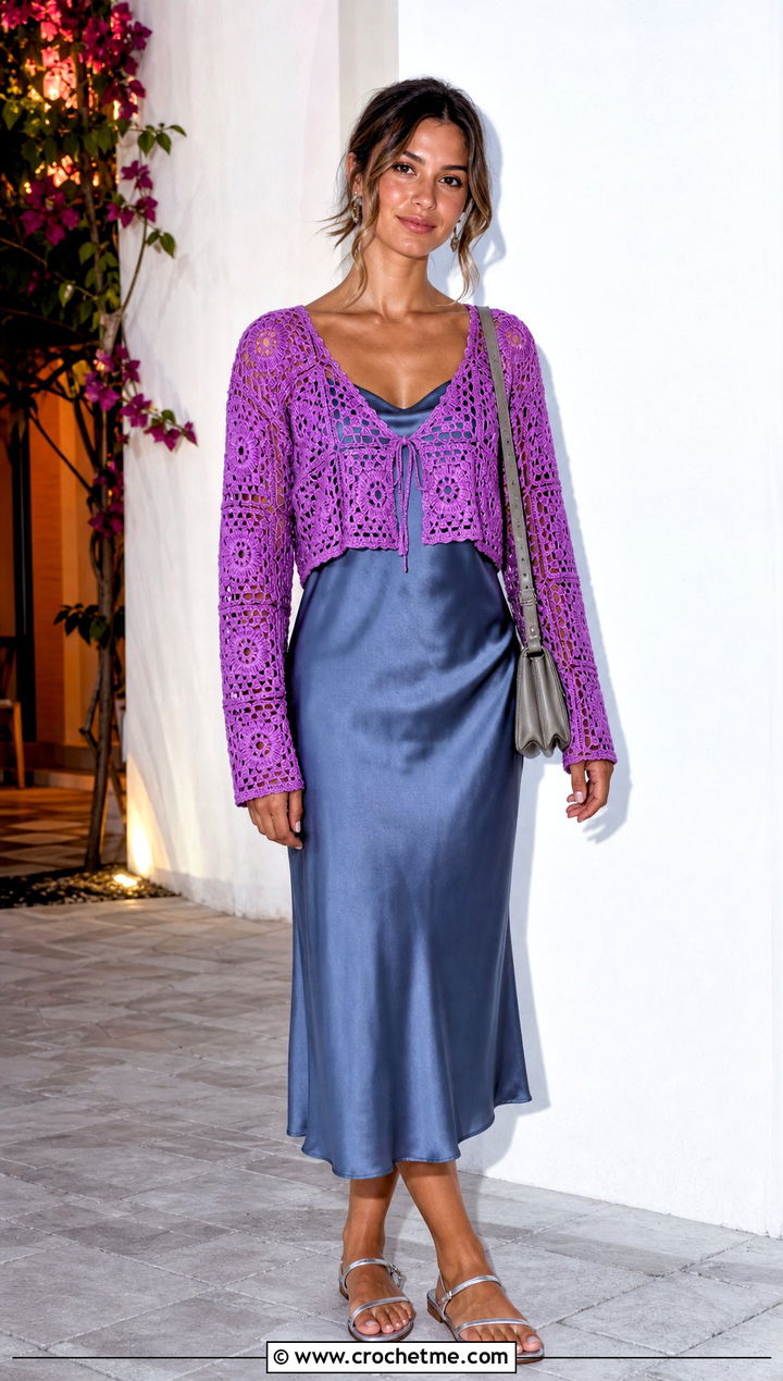 Open Stitch Granny Square Blouse Over A Slip Dress - 35 Granny Square Blouse outfit ideas