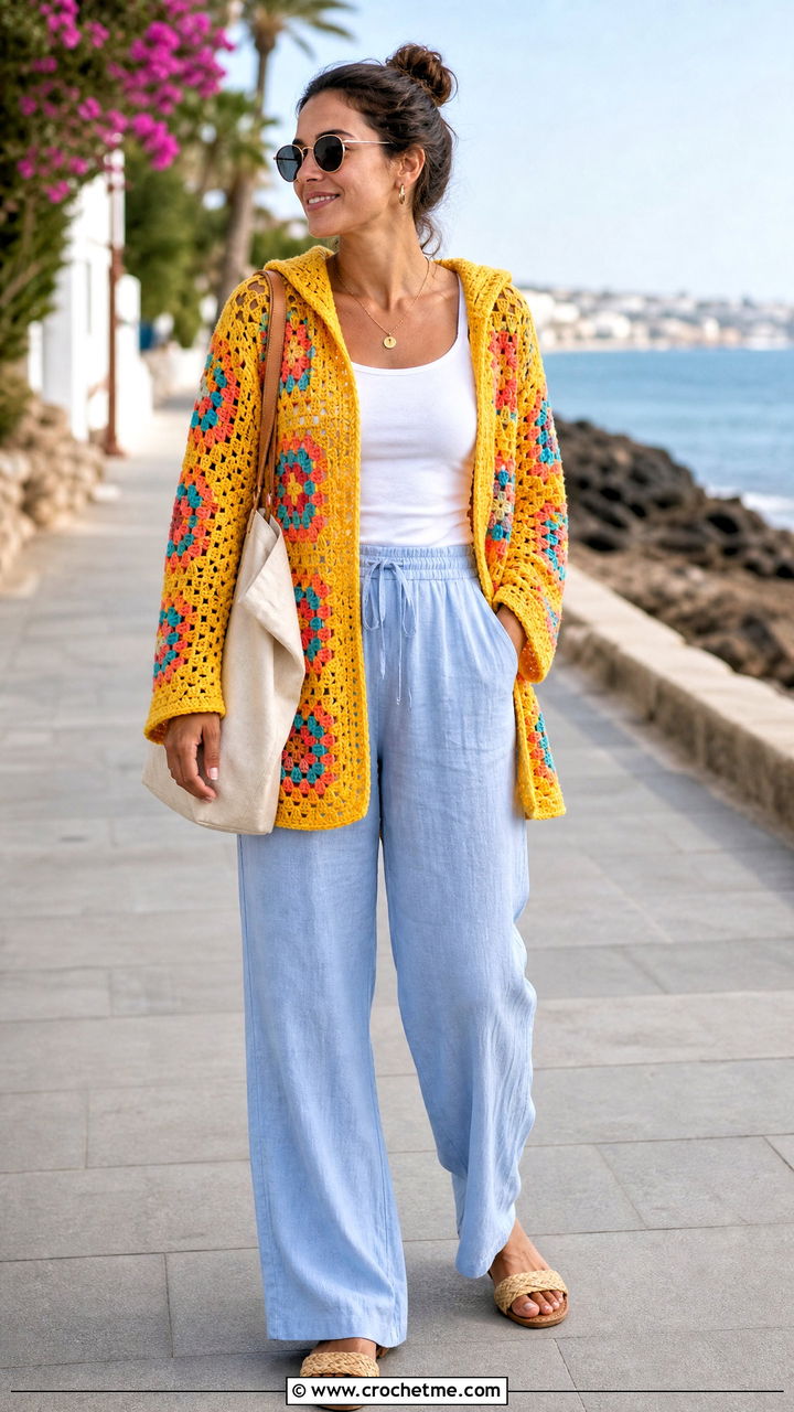Open Stitch Granny Square Hoodie With Linen Pants - 35 granny square hoodie outfit ideas