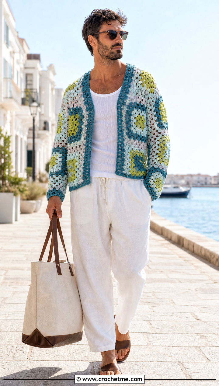 Open Stitch Granny Square Sweater With Linen Pants - 25 Crochet Granny Square Sweater For Men outfit ideas