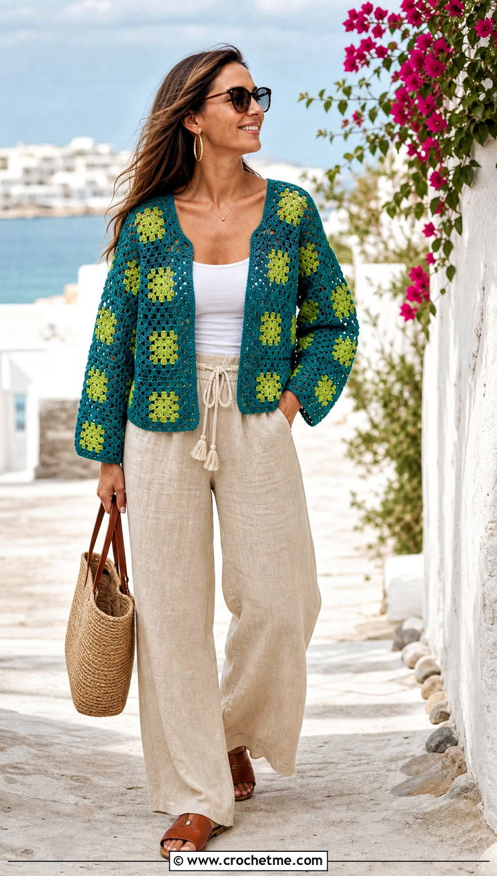 Open Stitch Granny Square Sweater With Tank And Linen Pants - 25 Granny Squares Sweater outfit ideas
