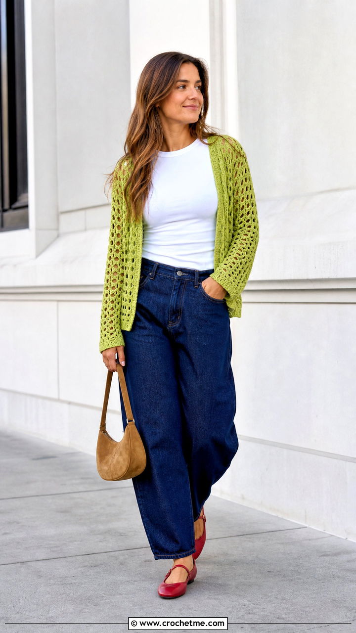Open Stitch Green Crochet Cardigan Sweater With Barrel Jeans - 35 green crochet sweater outfit ideas