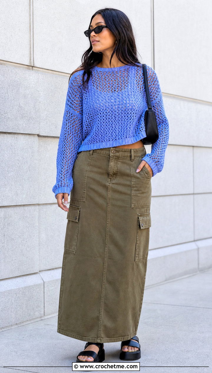 Open Stitch Half Double Crochet Sweater With Cargo Maxi Skirt - 30 half double crochet sweater outfit ideas