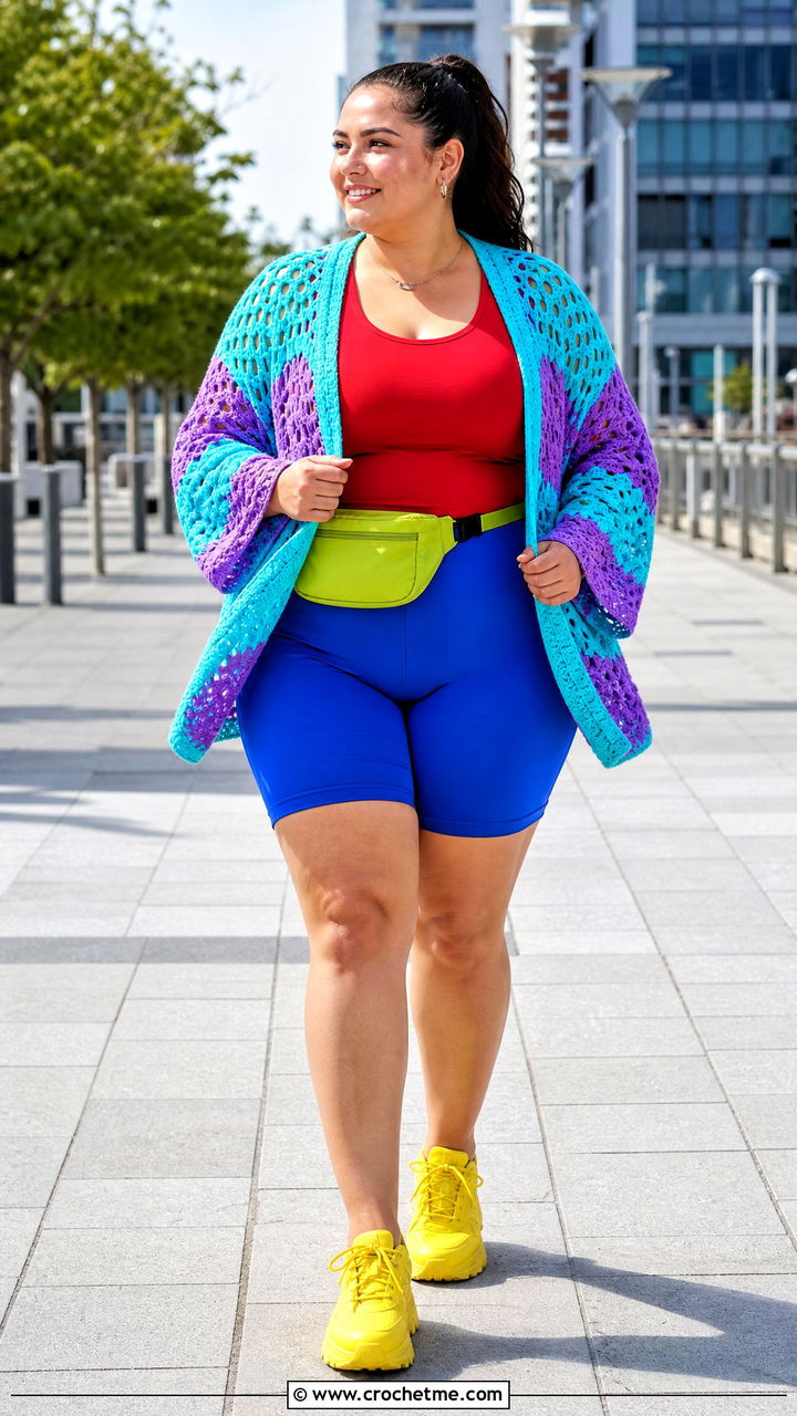 Open Stitch Hexagon Cardigan With Bike Shorts - 35 crochet hexagon cardigan outfit ideas
