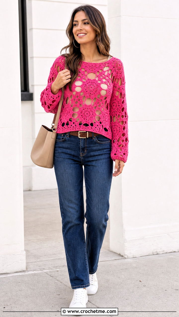 Open Stitch Hexagon Granny Square Pullover With Tank And Straight Jeans - 25 Hexagon Granny Square Pullover outfit ideas