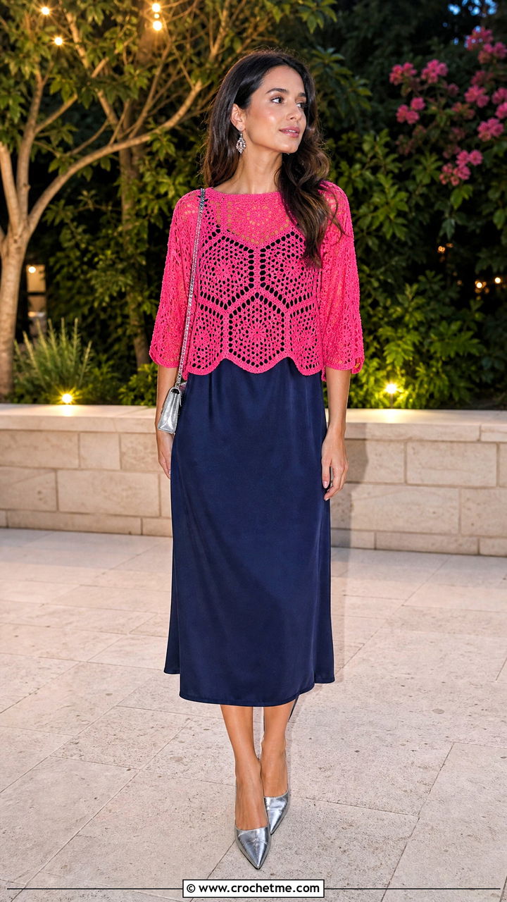 Open Stitch Hexagon Pullover With Slip Dress - 35 crochet hexagon pullover outfit ideas