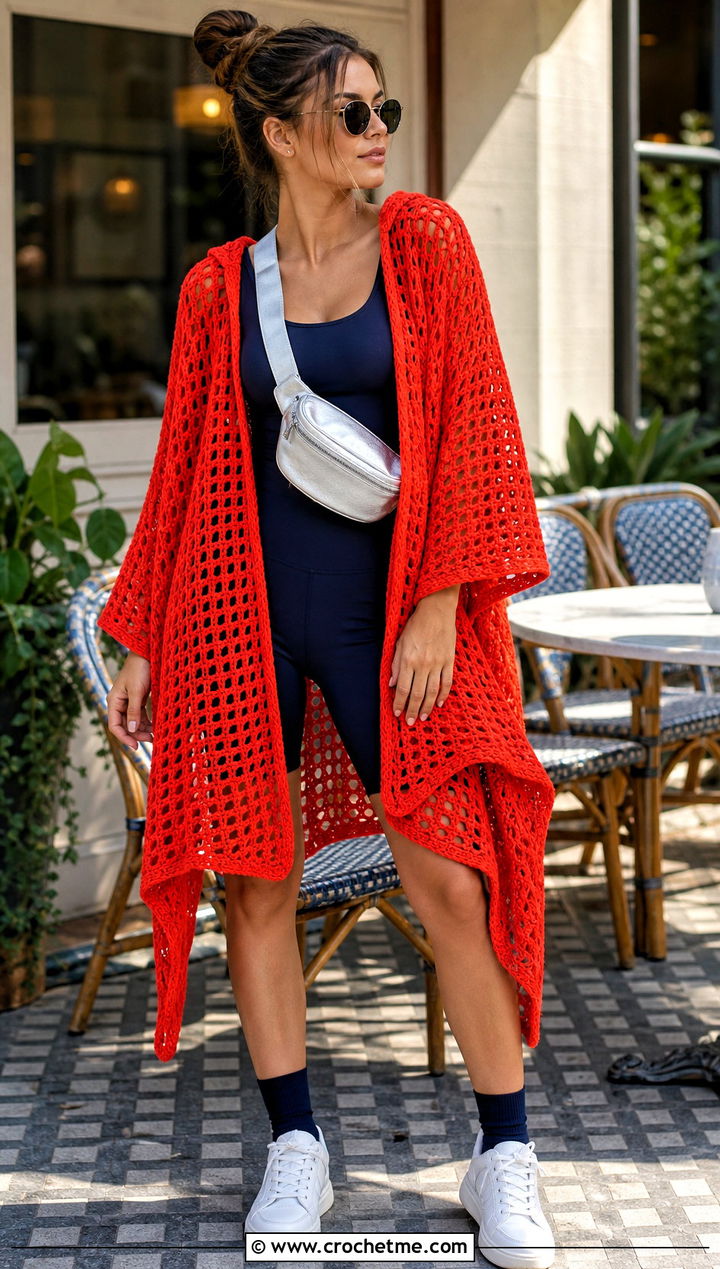 Open Stitch Hooded Crochet Ruana With Bike Shorts - 20 Hooded Crochet Ruana outfit ideas