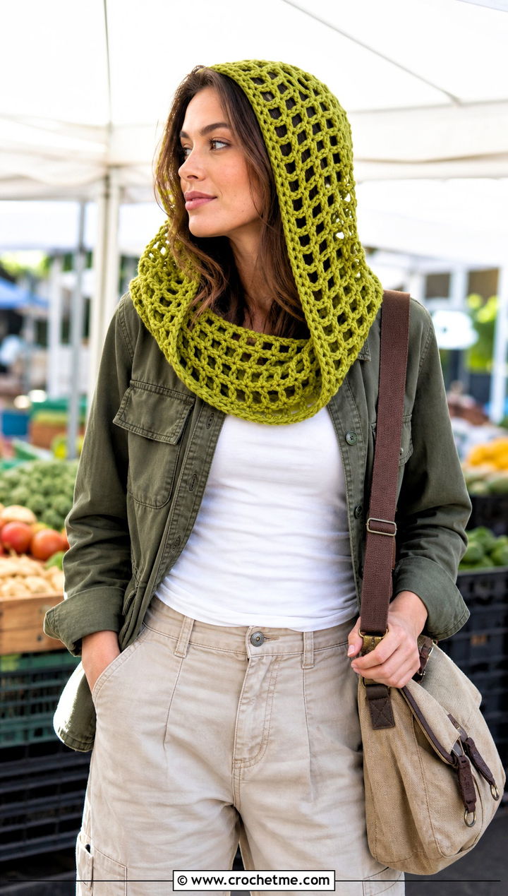 Open Stitch Katniss Crochet Hood With Utility Jacket - 15 katniss crochet hat outfit ideas