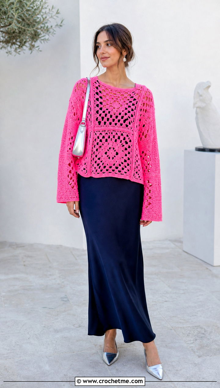 Open Stitch Large Granny Square Sweater With Slip Dress - 35 large granny square sweater outfit ideas