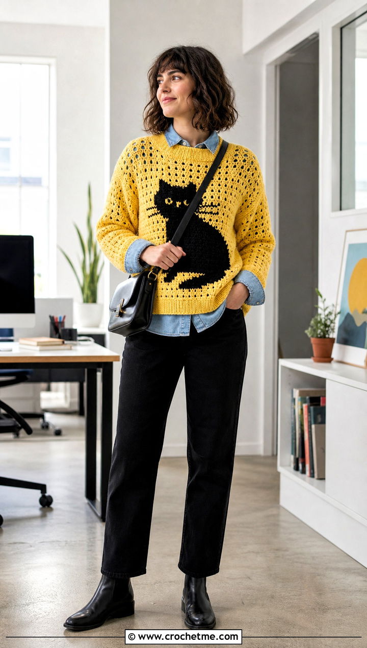 Open Stitch Marceline Cat Sweater With Denim Shirt - 30 crochet marceline sweater outfit ideas