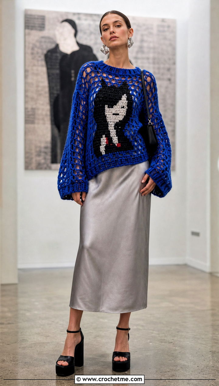 Open Stitch Marceline Cat Sweater With Slip Dress - 30 crochet marceline sweater outfit ideas