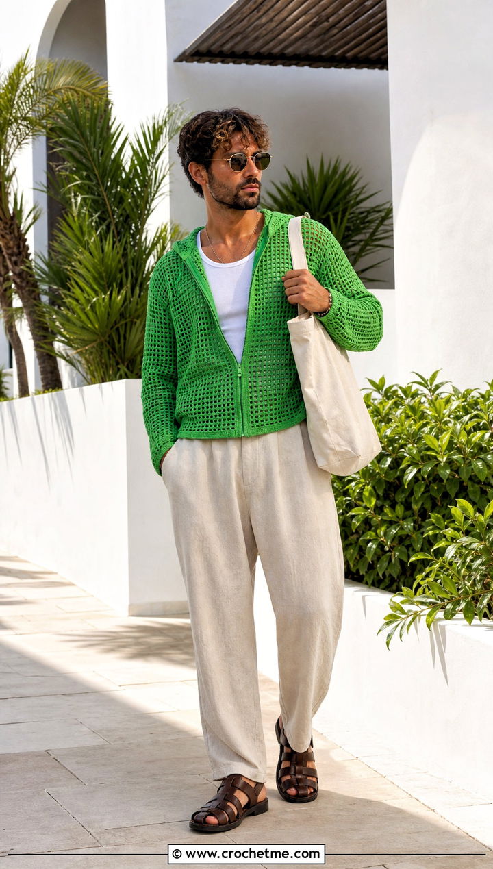 Open Stitch Mesh Crochet Hoodie With Linen Pants - 25 Crochet Hoodie Men outfit ideas