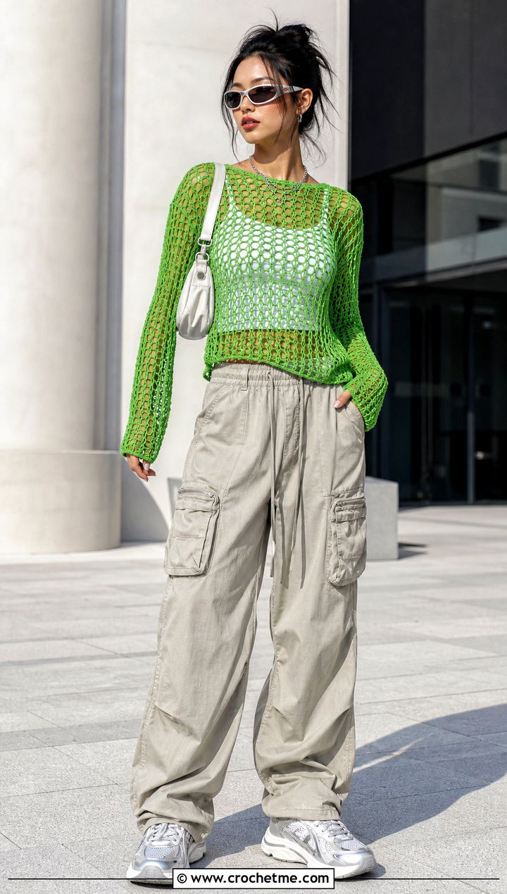Open Stitch Mesh Crochet Sweater With Cargo Pants - 25 Colorful Crochet Sweater Ideas