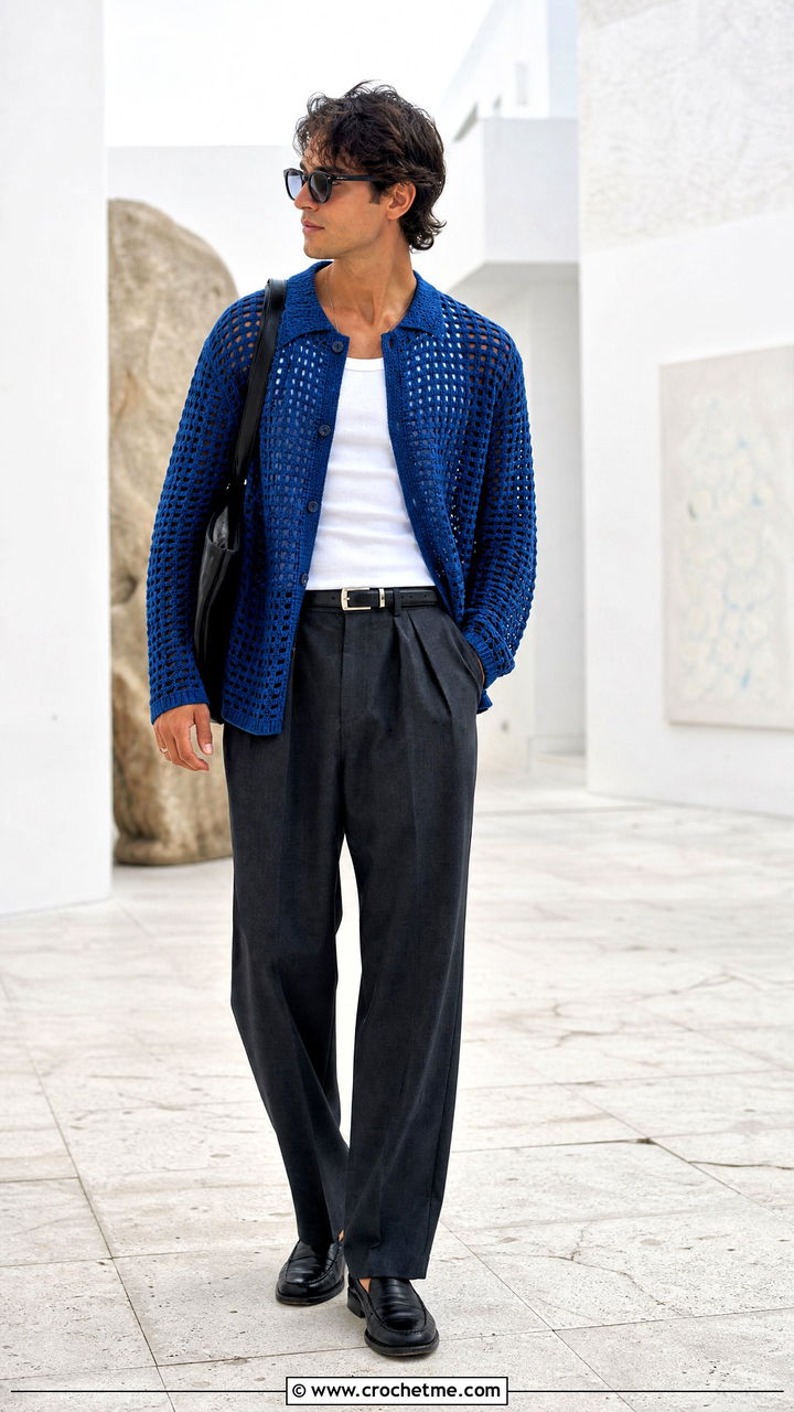 Open Stitch Mesh Crochet Sweater With Pleated Trousers - 35 crochet sweater for men outfit ideas