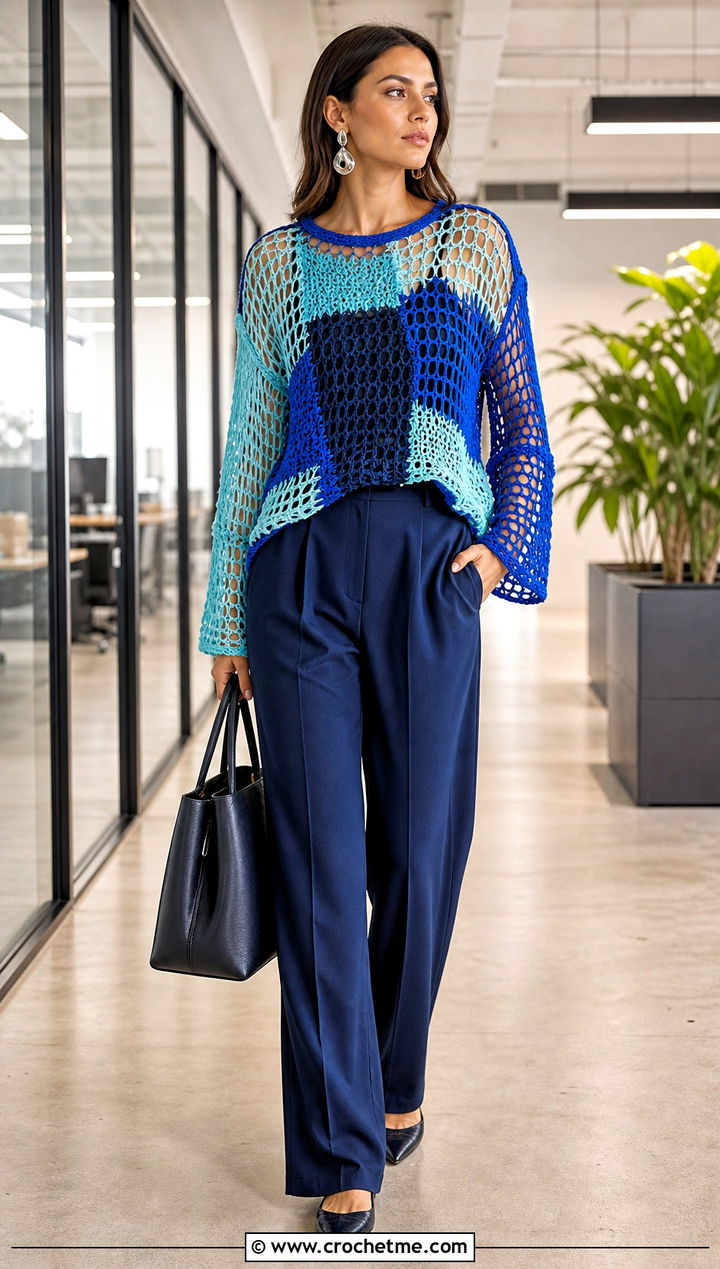Open Stitch Mesh Patchwork Sweater With Suit Pants - 30 crochet patchwork sweater outfit ideas
