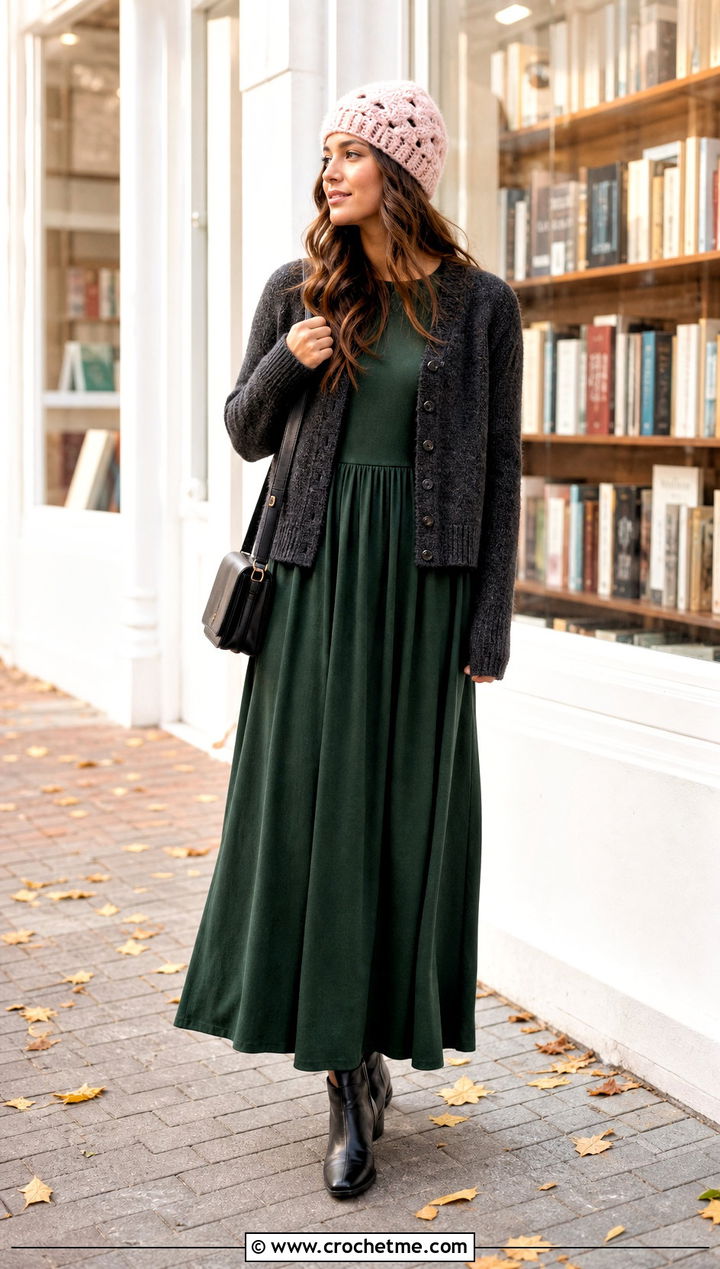 Open Stitch Mohair Crochet Beanie With Cardigan And Maxi Dress - 35 mohair crochet beanie outfit ideas