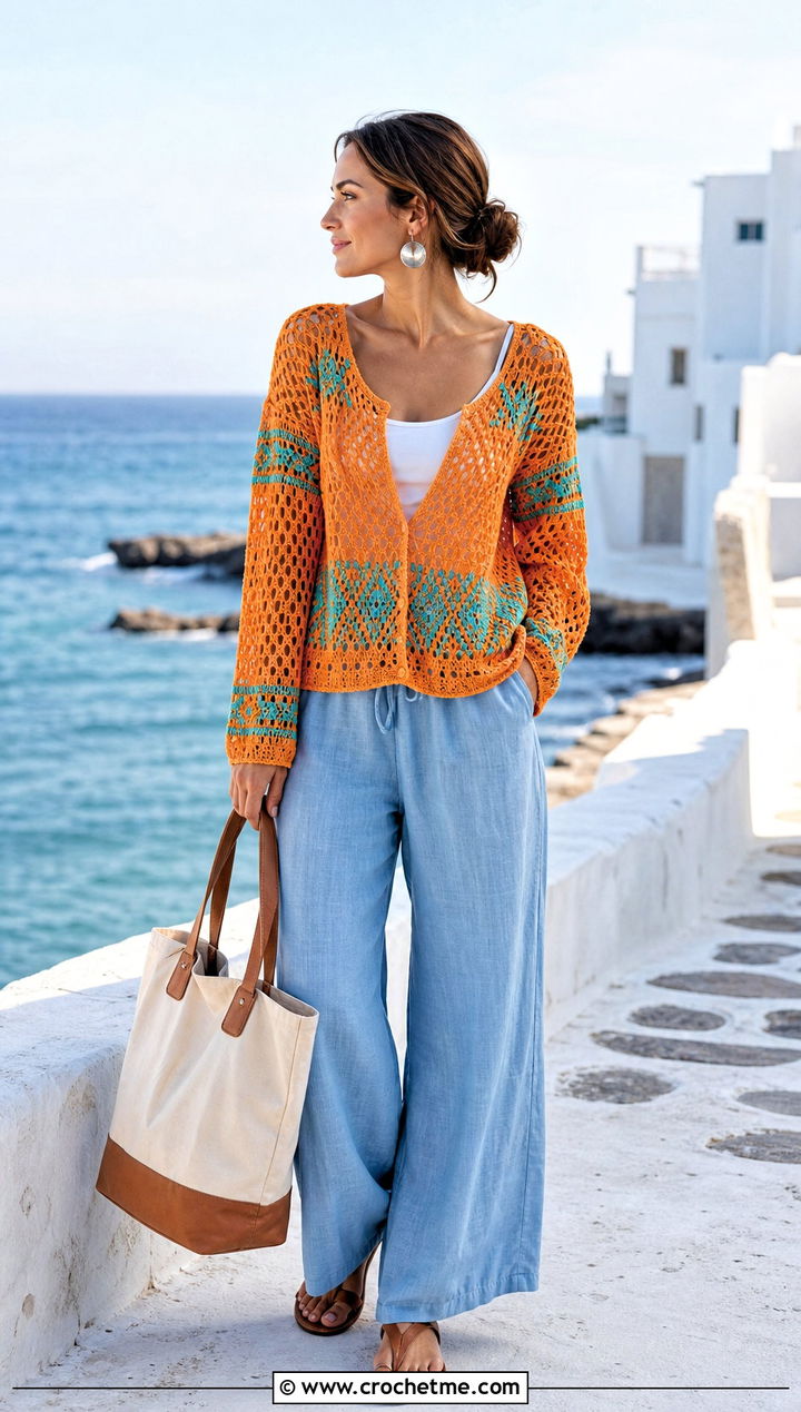 Open Stitch Nordic Crochet Sweater With Linen Pants - 25 nordic crochet sweater outfit ideas
