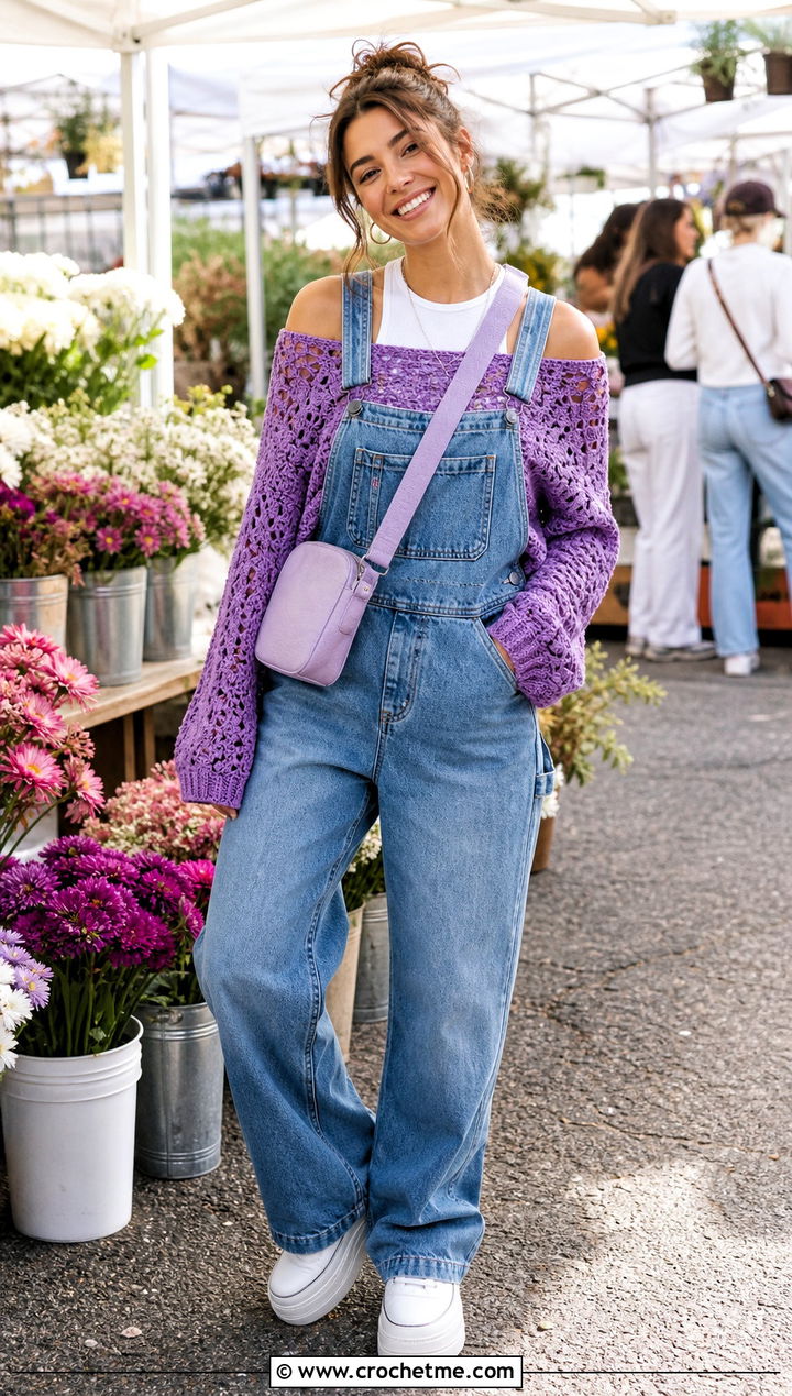 Open Stitch Off The Shoulder Crochet Sweater With Denim Overalls - 30 off the shoulder crochet sweater outfit ideas