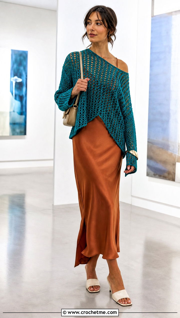 Open Stitch One Panel Crochet Sweater Over A Slip Dress - 30 One Panel Crochet Sweater outfit ideas