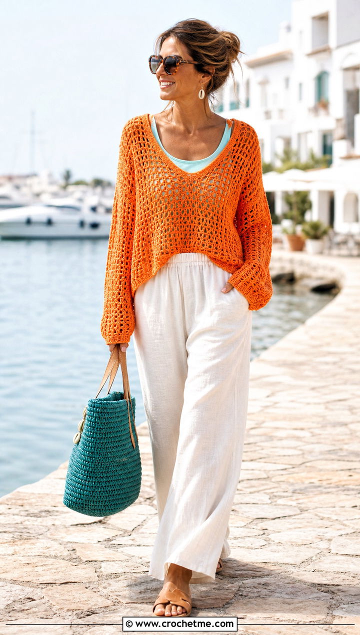 Open Stitch Orange Crochet Sweater With Linen Pants - 15 orange crochet sweater design outfit ideas