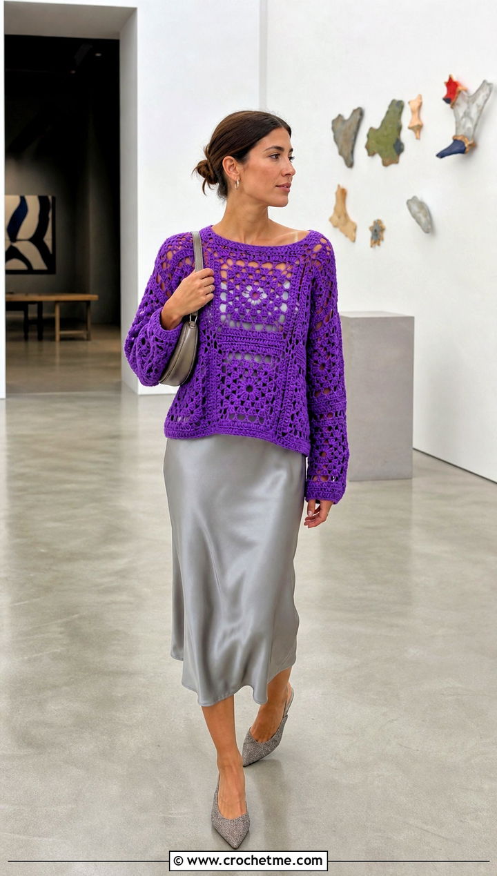 Open Stitch Oversized Granny Square Sweater With Satin Slip Skirt - 30 oversized granny square sweater outfit ideas