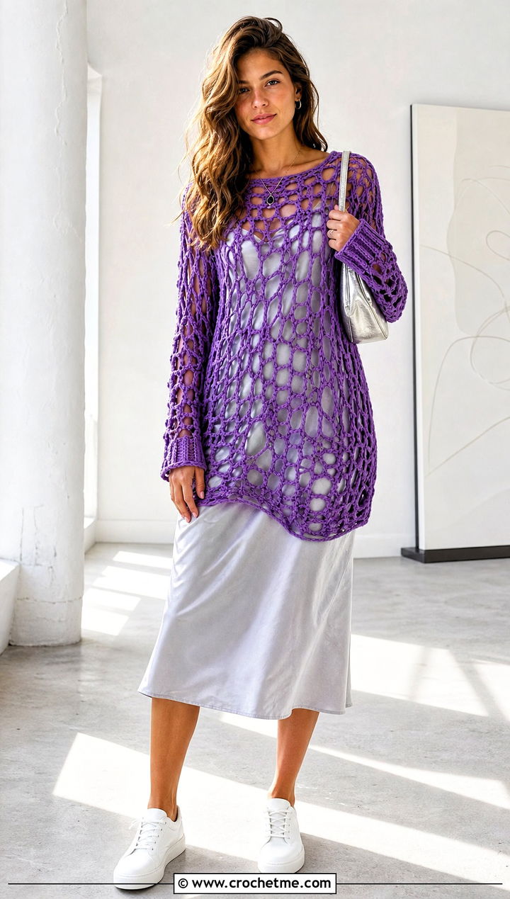 Open Stitch Oversized Sweater With Slip Dress - 15 Freeform Crochet Sweater Ideas