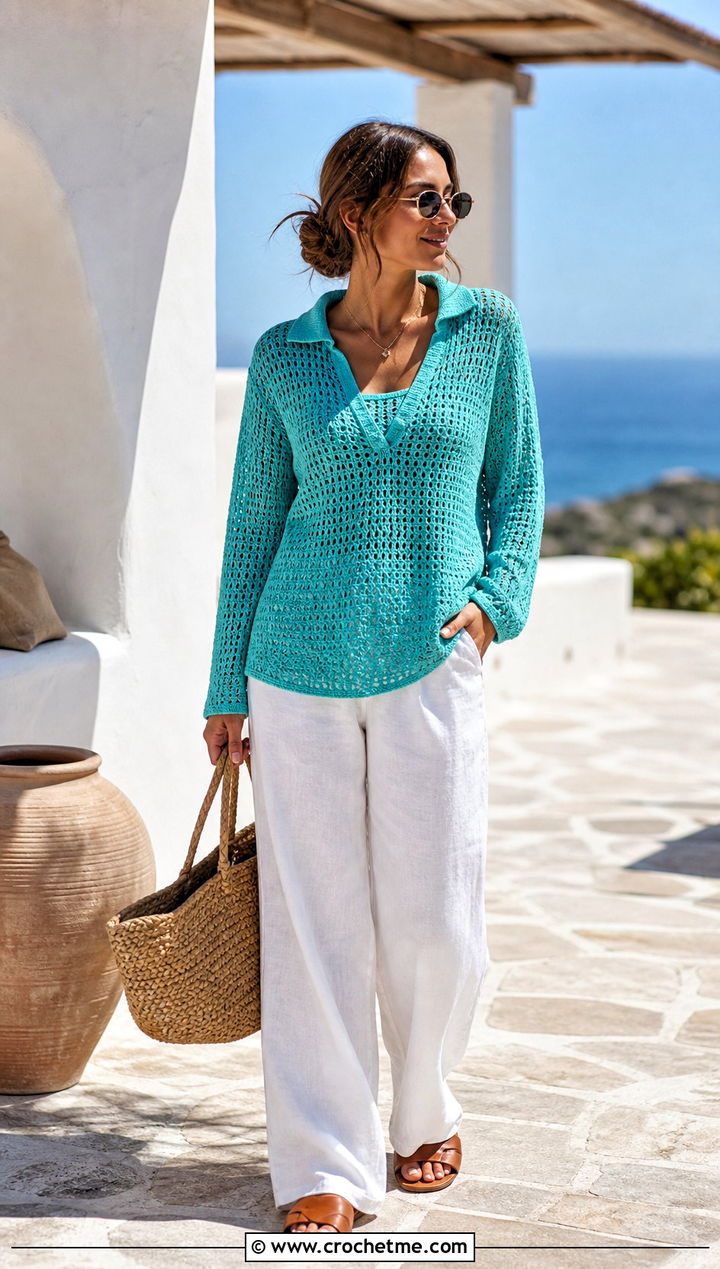 Open Stitch Polo Grandpa Crochet Sweater With Linen Trousers - 15 Grandpa Crochet Sweater outfit ideas