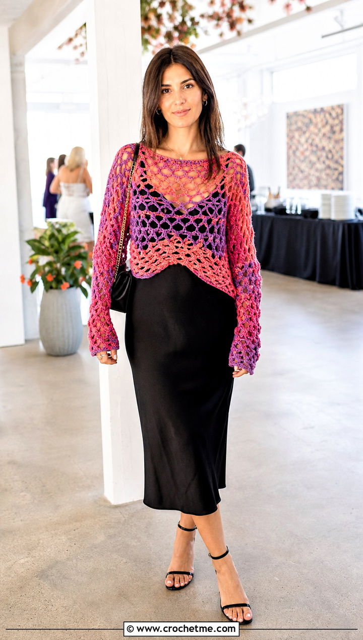 Open Stitch Princess Bubblegum Crochet Sweater Over Slip Dress - 15 Crochet Princess Bubblegum Sweater outfit ideas