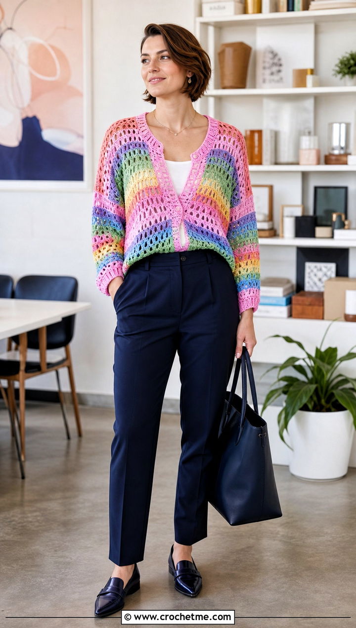 Open Stitch Rainbow Crochet Sweater With Tailored Trousers - 20 Rainbow Crochet Sweater outfit ideas