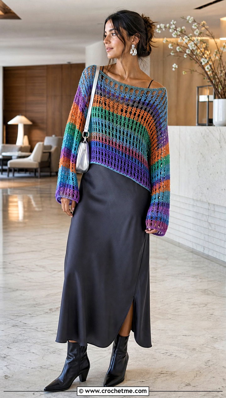 Open Stitch Rainbow Striped Crochet Sweater Over A Slip Dress - 15 rainbow striped crochet sweater outfit ideas