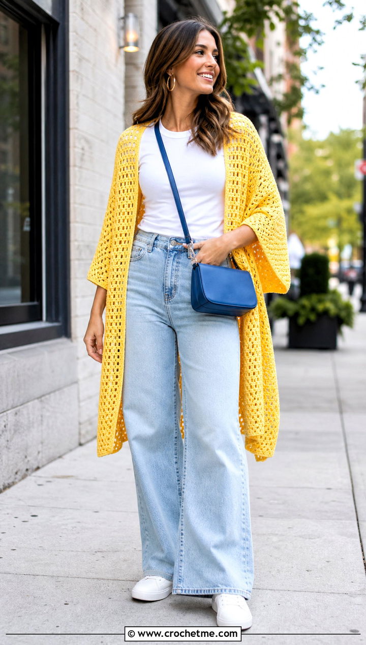 Open Stitch Rectangle Shawl With Wide Leg Jeans - 25 Easy Crochet Rectangle Shawl outfit ideas