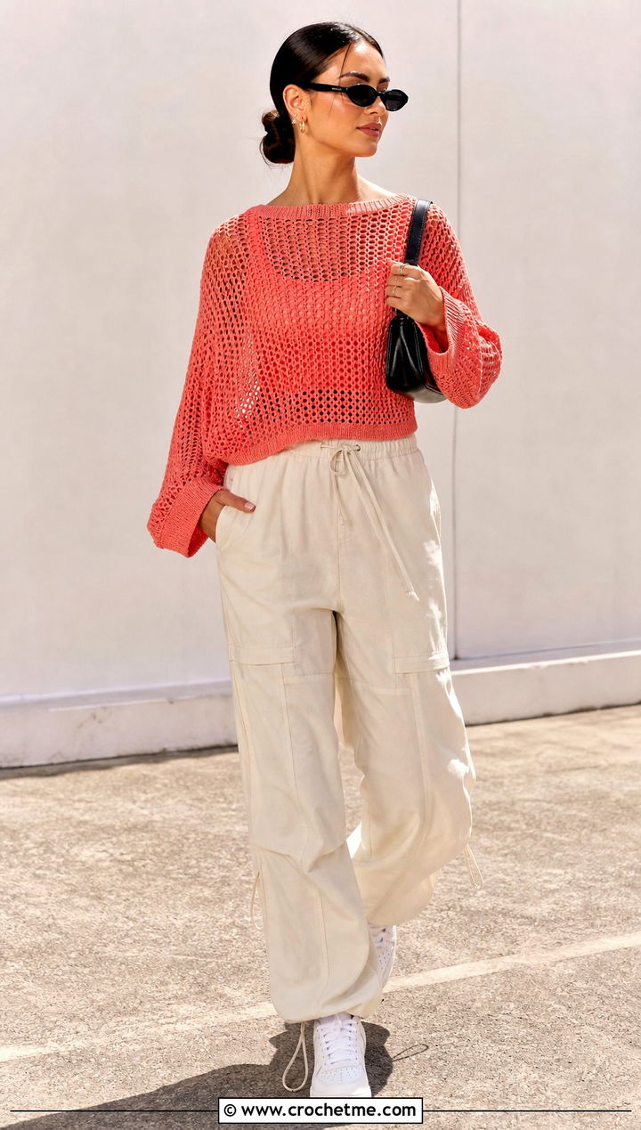 Open Stitch Seamless Crochet Sweater With Parachute Pants - 25 Seamless Crochet Sweater outfit ideas