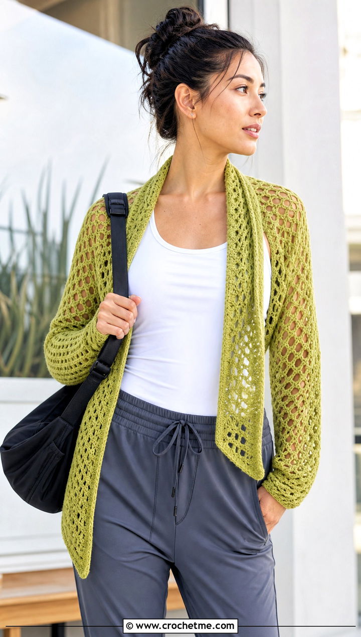 Open Stitch Sleeved Crochet Scarf With Sportswear - 25 Sleeved Crochet Scarf outfit ideas