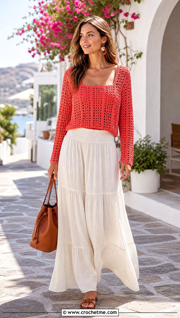 Open Stitch Square Neck Crochet Sweater With Maxi Skirt - 15 Square Neck Crochet Sweater outfit ideas