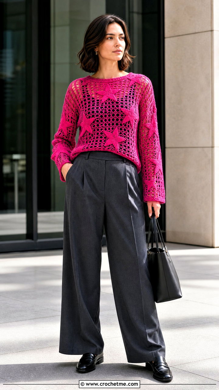 Open Stitch Star Sweater With Tailored Trousers - 35 crochet star sweater outfit ideas