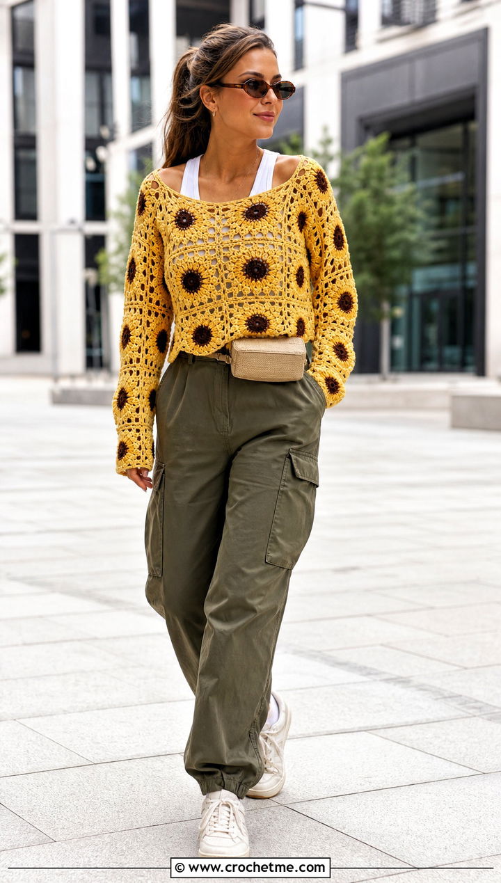 Open Stitch Sunflower Granny Square Pullover Sweater With Cargo Pants - 15 Sunflower Granny Square Pullover Sweater outfit ideas