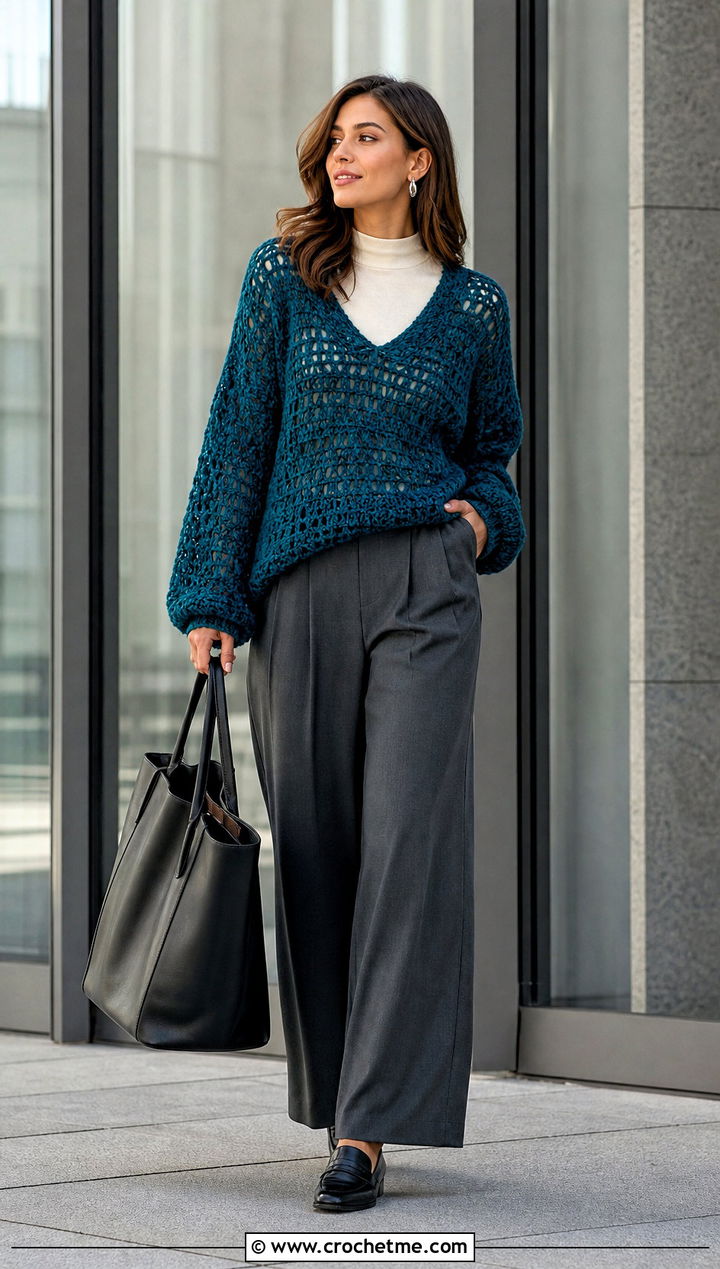 Open Stitch Super Slouchy Crochet Sweater With Tailored Trousers - 15 Super Slouchy Crochet Sweater outfit ideas