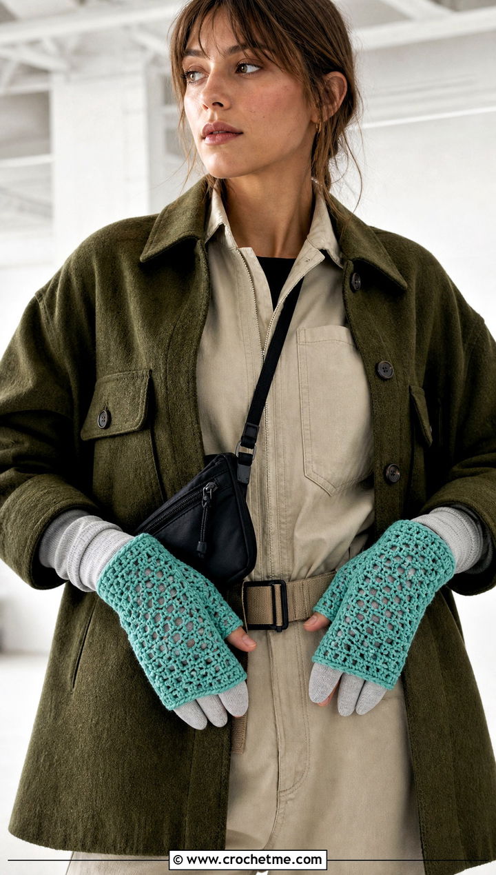 Open Stitch Tabi Crochet Mittens With Overshirt And Utility Jumpsuit - 25 Tabi Crochet Mittens outfit ideas