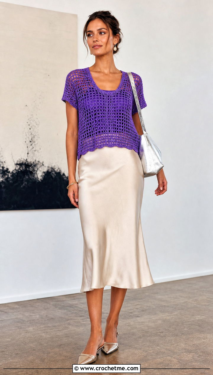Open Stitch Tidepool Tee With Satin Midi Skirt - 15 tidepool tee summer crochet top outfit ideas