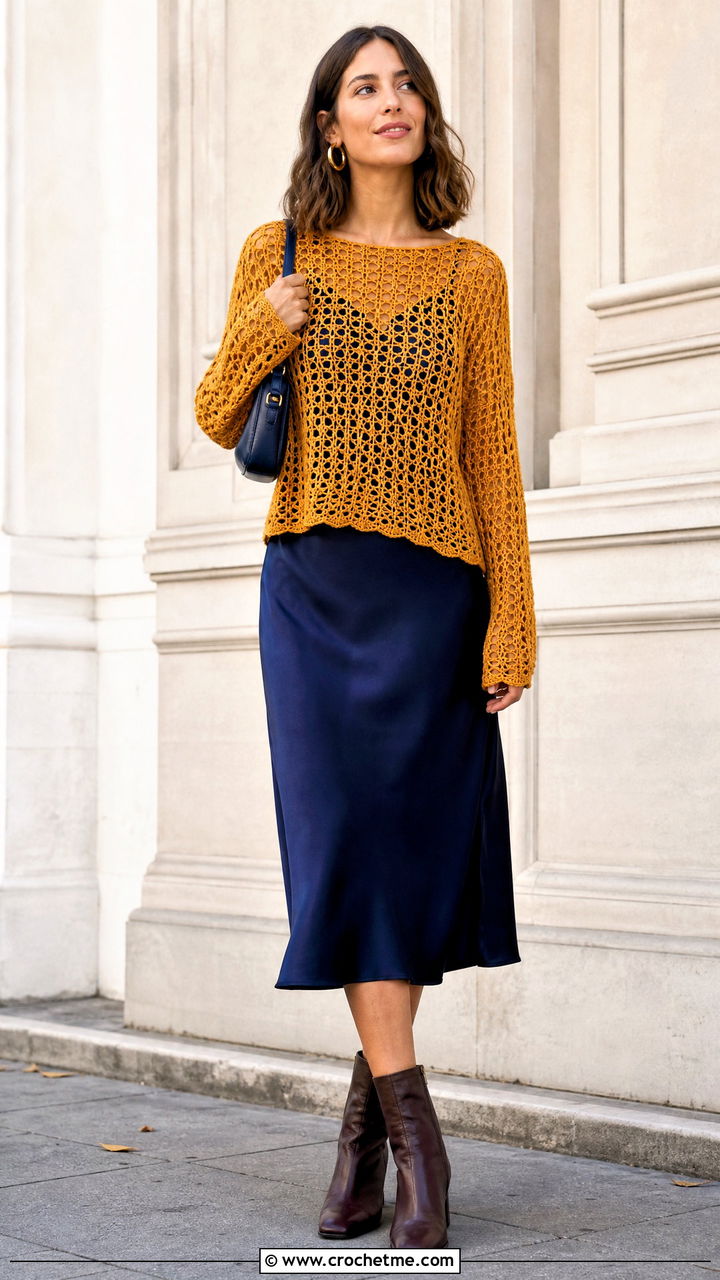 Open Stitch Top Down Crochet Sweater Over Slip Dress - 35 top down crochet sweater outfit ideas