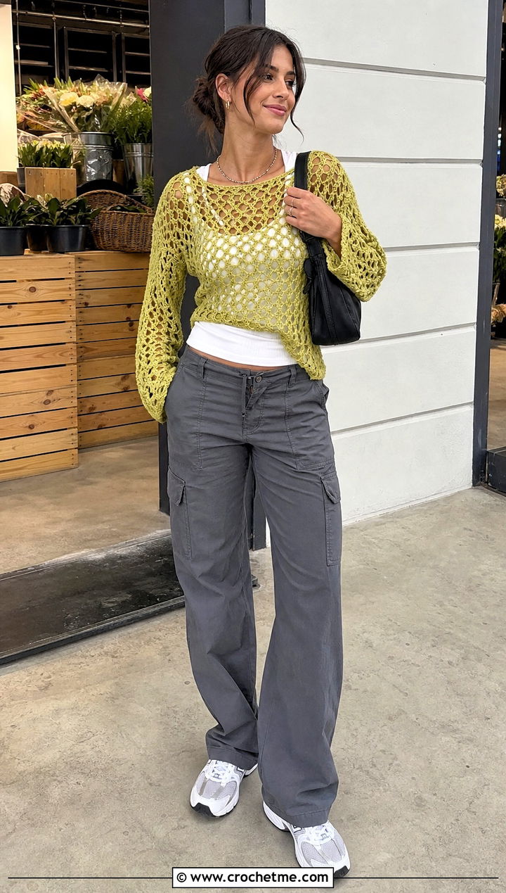Open Stitch Top Down Crochet Sweater With Cargo Pants - 15 Easy Top Down Crochet Sweater outfit ideas