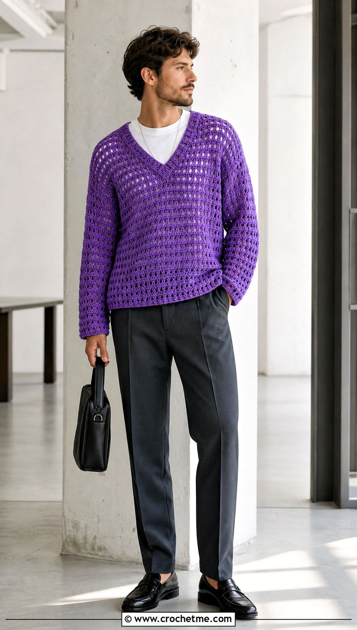 Open Stitch V Neck Crochet Sweater With Tailored Pants - 30 men's crochet sweater outfit ideas