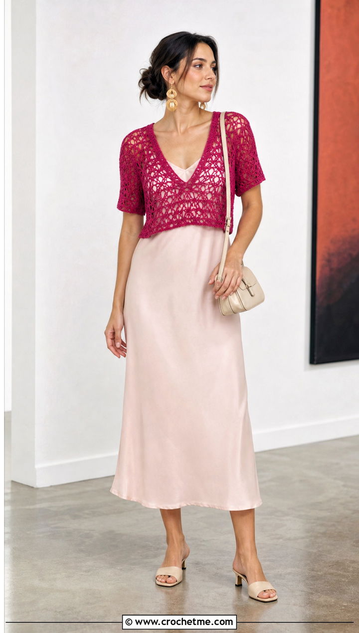 Open Stitch V Neck Crochet Top With Slip Dress - 35 v neck crochet top outfit ideas