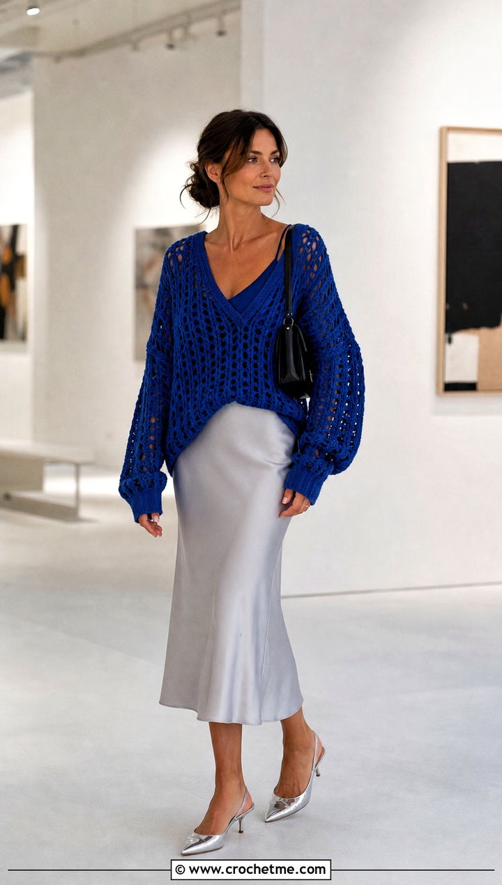 Open Stitch V Neck Oversize Crochet Sweater With Satin Midi Skirt - 15 Oversize Crochet Sweater outfit ideas