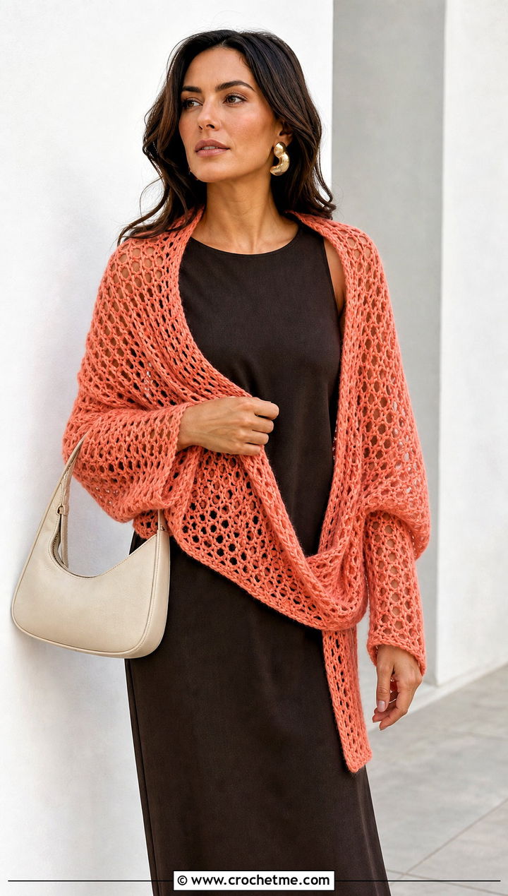 Open Stitch Wrap Cardigan Scarf With Column Dress - 15 Crochet For Scarf With Sleeves outfit ideas