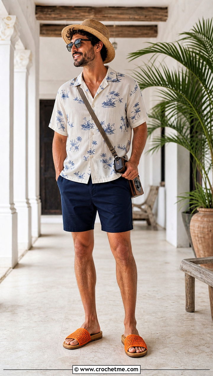 Open Toe Crochet Slipper Sandals With Camp Collar Shirt - 35 mens crochet slippers outfit ideas